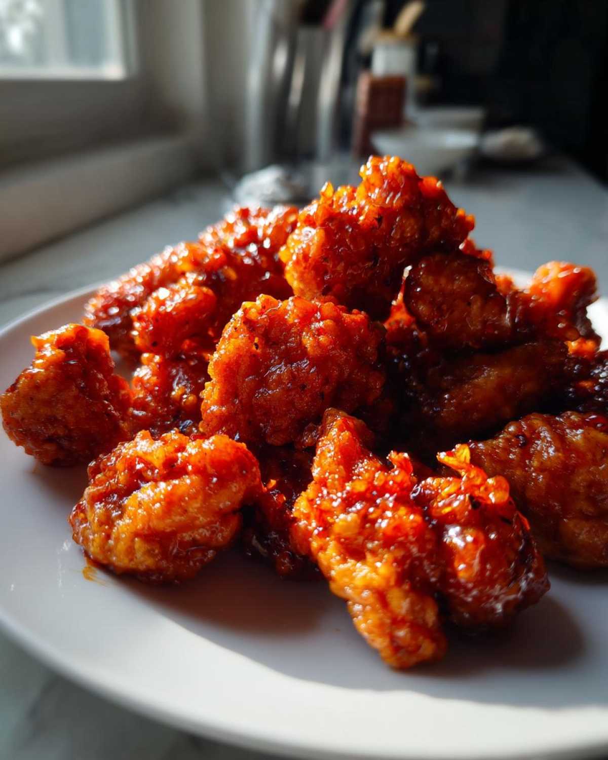 Close-up of crispy, saucy korean fried chicken pieces piled on a white plate, glistening under natural light.
