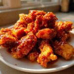Close-up of crispy, glazed korean fried chicken piled high on a small white plate, catching the sunlight.