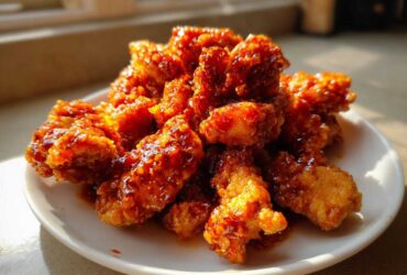 Close-up of crispy, glazed korean fried chicken piled high on a small white plate, catching the sunlight.