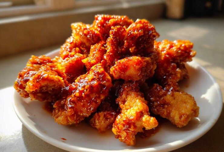 Close-up of crispy, glazed korean fried chicken piled high on a small white plate, catching the sunlight.