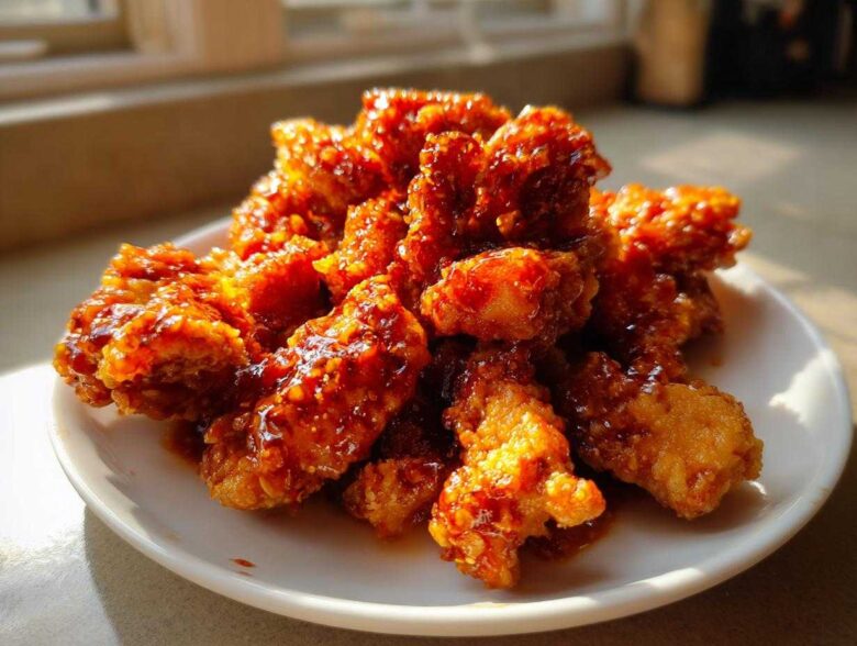 Close-up of crispy, glazed korean fried chicken piled high on a small white plate, catching the sunlight.