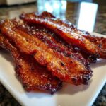 Close-up of several glossy, candied strips of Millionaire bacon resting on a white plate.