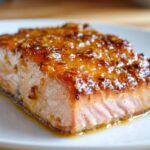 Close-up of a perfectly cooked salmon fillet with a thick, shiny, caramelized glaze on top.