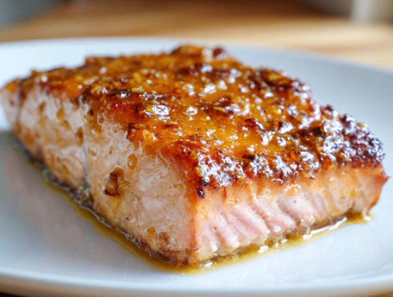 Close-up of a perfectly cooked salmon fillet with a thick, shiny, caramelized glaze on top.