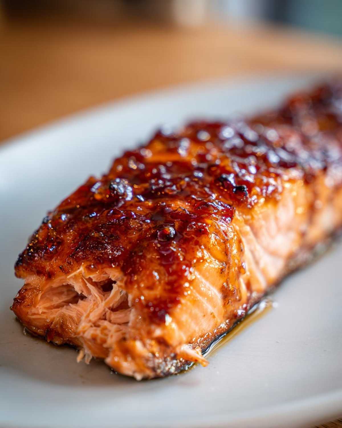 Close-up of a perfectly cooked salmon fillet with a thick, glossy, dark glaze, showing flaky texture.