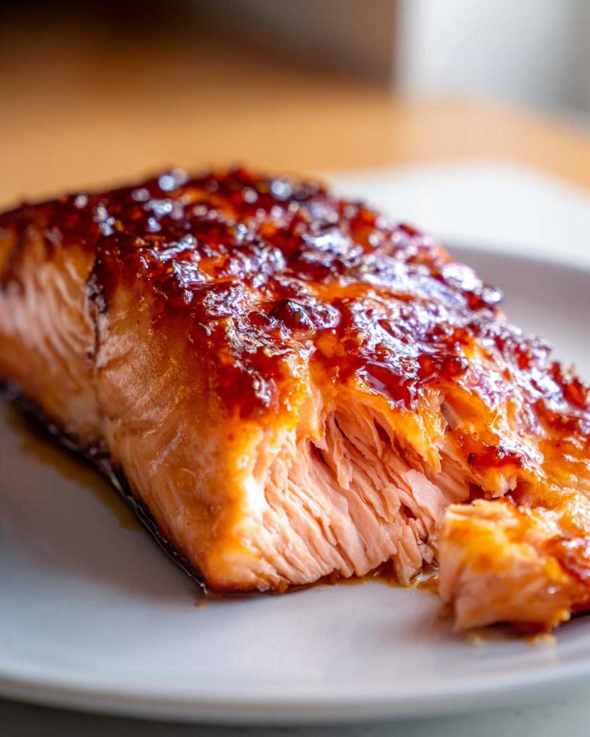 Close-up of a perfectly cooked, flaky salmon fillet topped with a thick, shiny glaze.