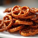 A close-up photo of a pile of shiny, glazed toffee pretzels catching the light.