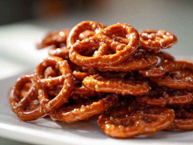 A close-up photo of a pile of shiny, glazed toffee pretzels catching the light.