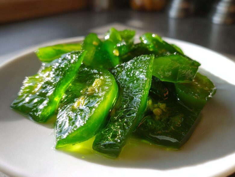 Close-up of glossy, bright green slices of candied jalapenos sitting in a light syrup on a white plate.