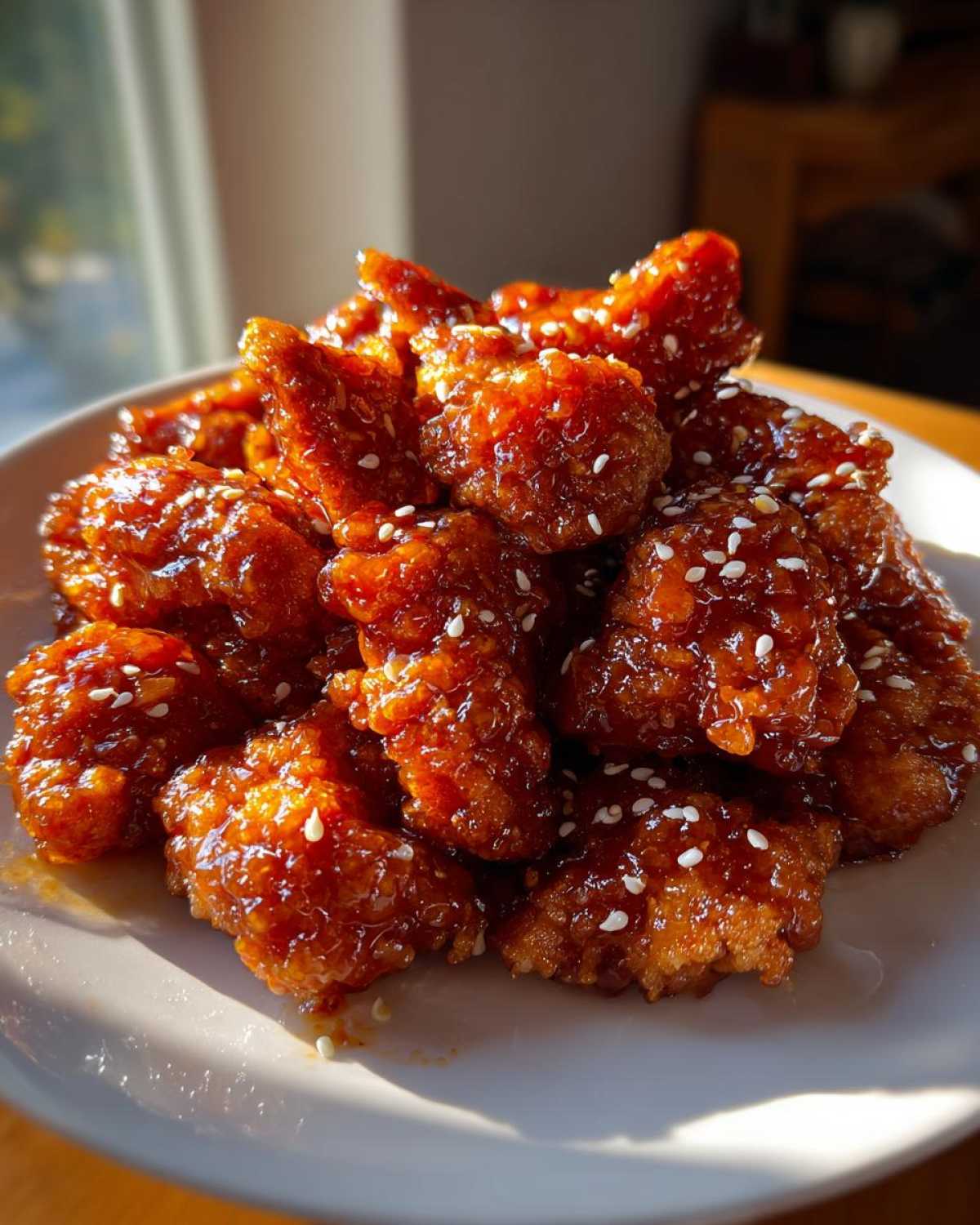 Close-up of crispy, saucy pieces of orange chicken recipe garnished with white sesame seeds on a white plate.
