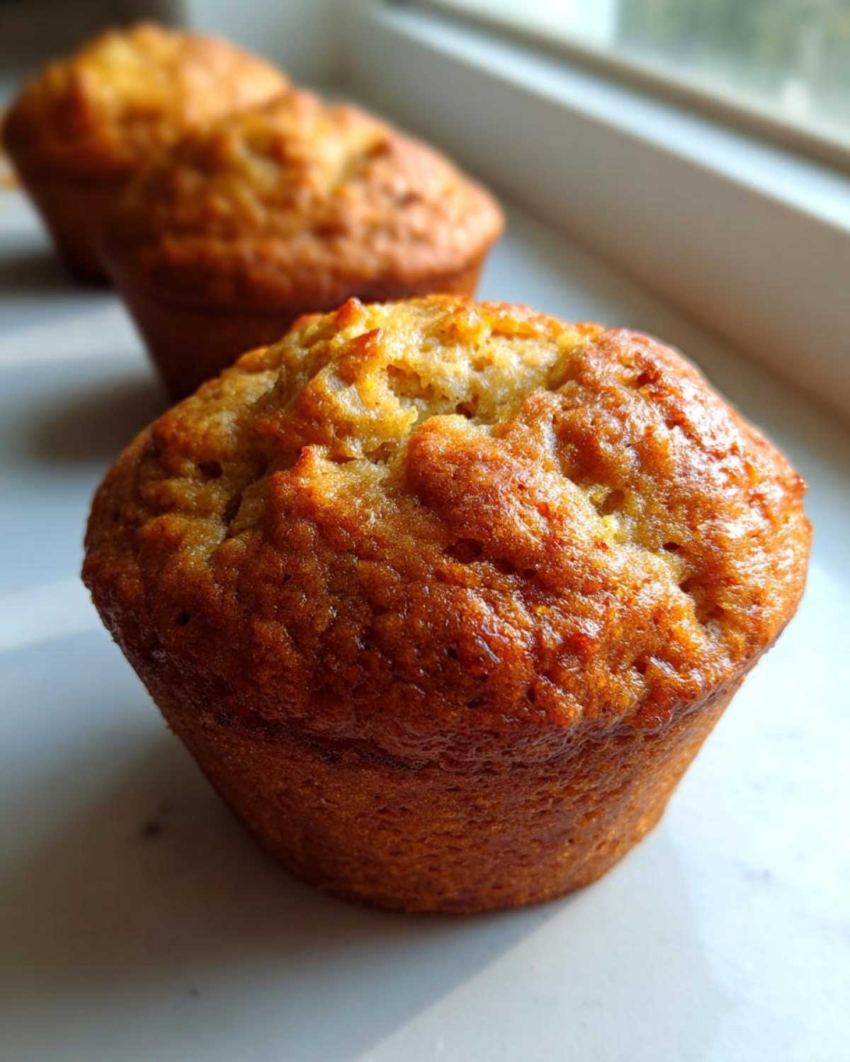 Close-up of a golden brown banana protein muffin, with two others blurred in the background.