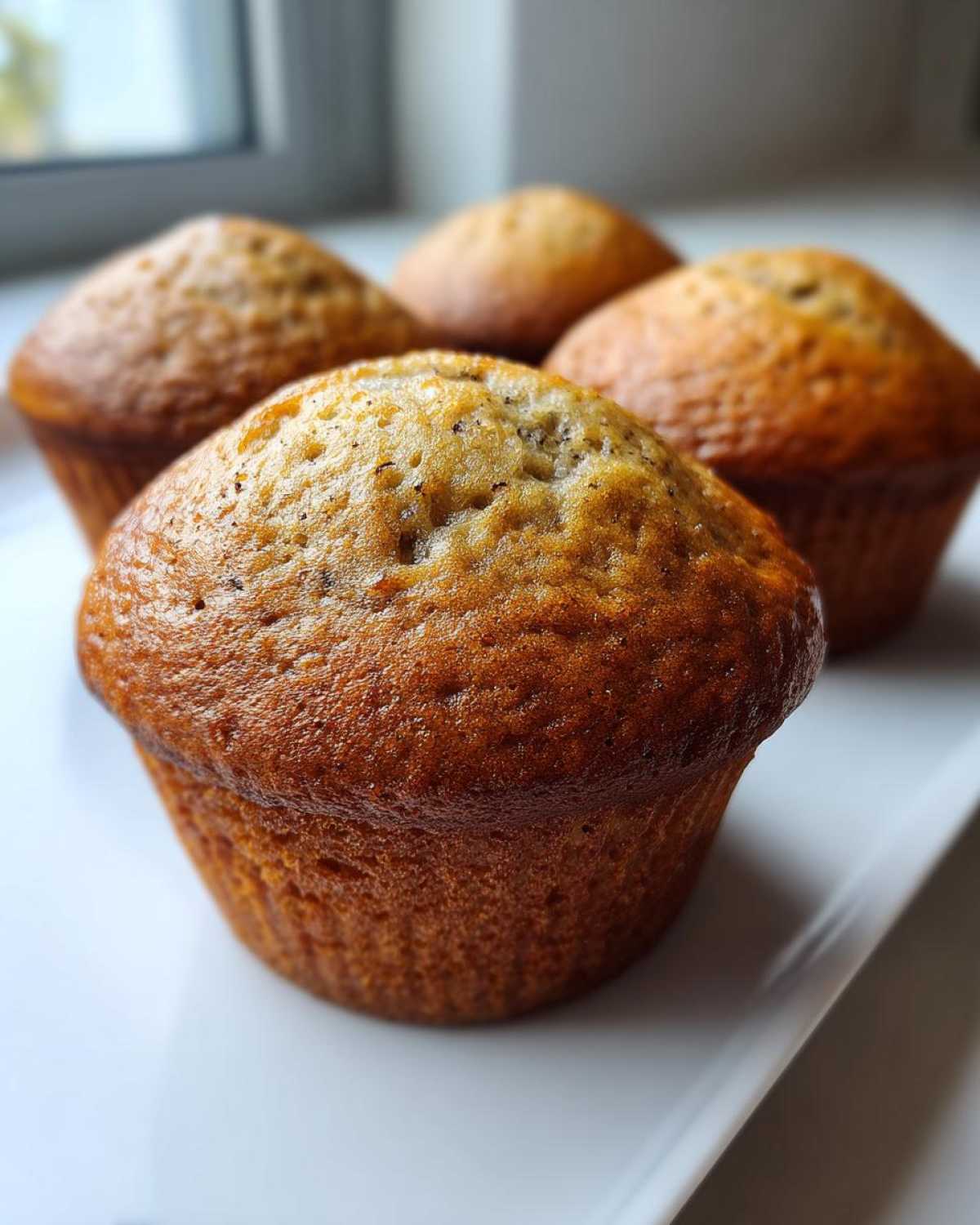 Close-up of four golden-brown banana protein muffins resting on a white serving dish.