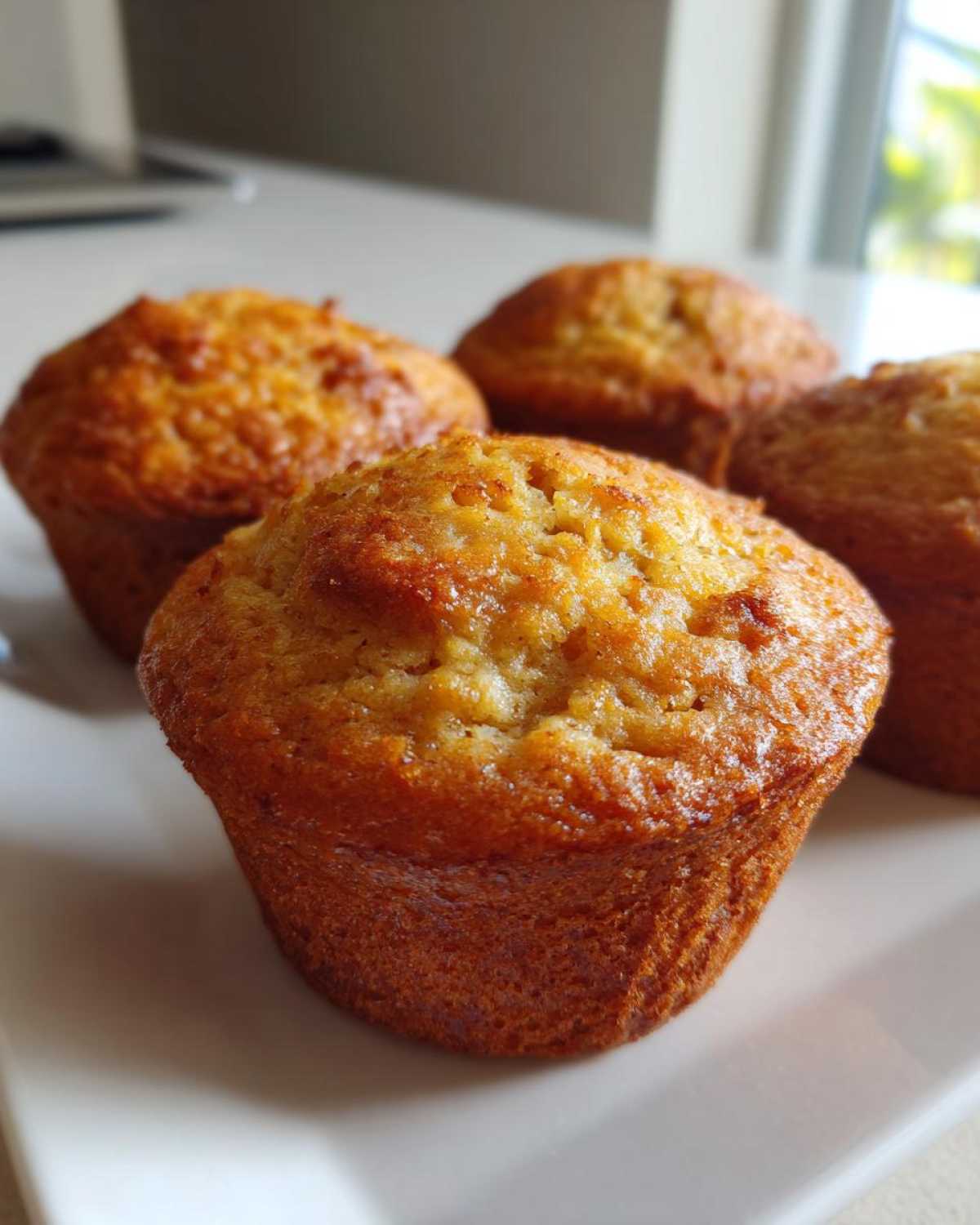 Close-up of four golden-brown banana protein muffins sitting on a white plate.