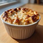 Close-up of a bubbling, golden-brown topped beer cheese dip served hot in a white ramekin.