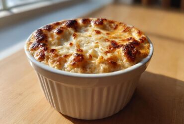Close-up of a bubbling, golden-brown topped beer cheese dip served hot in a white ramekin.