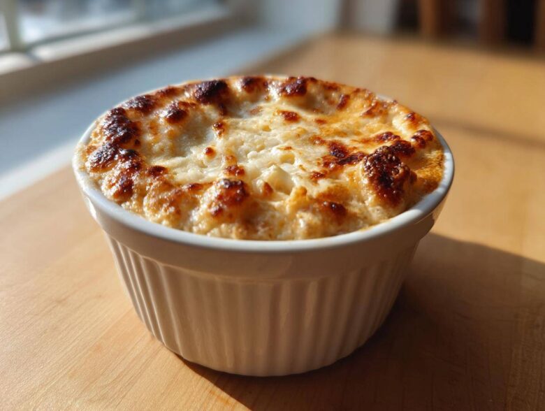Close-up of a bubbling, golden-brown topped beer cheese dip served hot in a white ramekin.