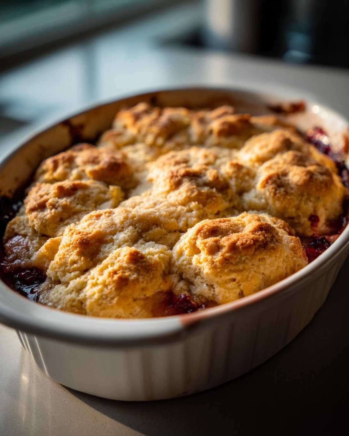 Close-up of a freshly baked berry cobbler with golden, biscuit-like topping bubbling in a white oval dish.
