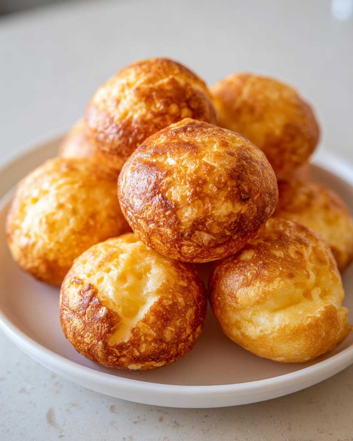 A stack of freshly baked, golden-brown brazilian cheese bread puffs piled on a white plate.