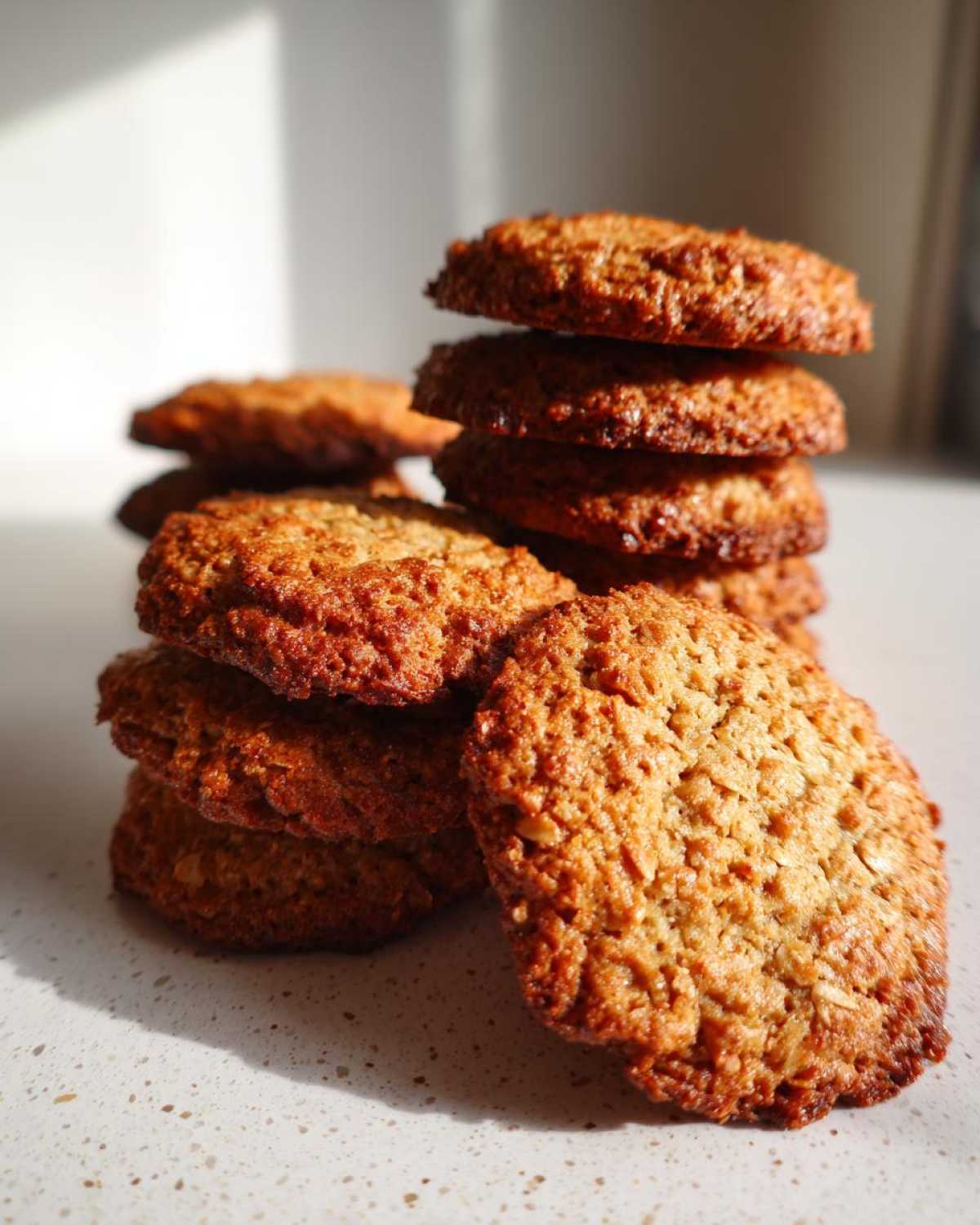 A close-up stack of golden brown, textured breakfast cookie, catching bright sunlight.
