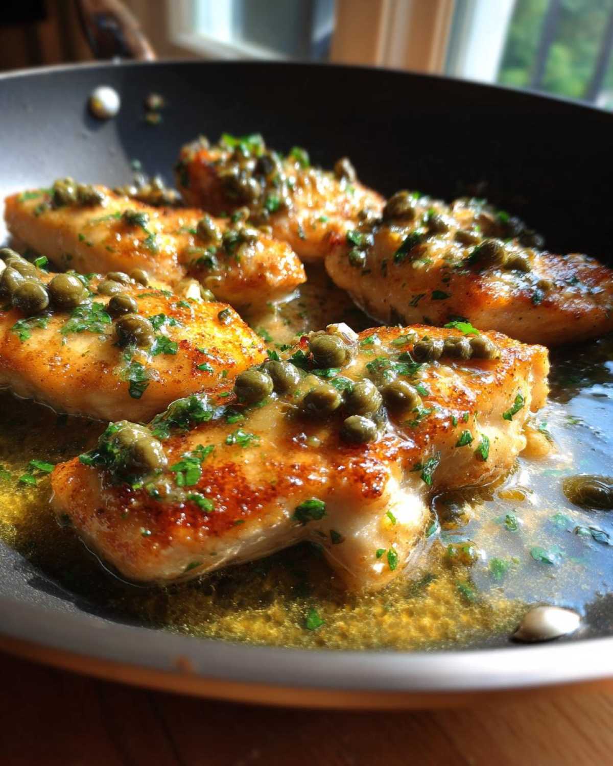 Close-up of golden pan-seared chicken piccata fillets topped with capers and parsley in a buttery lemon sauce.