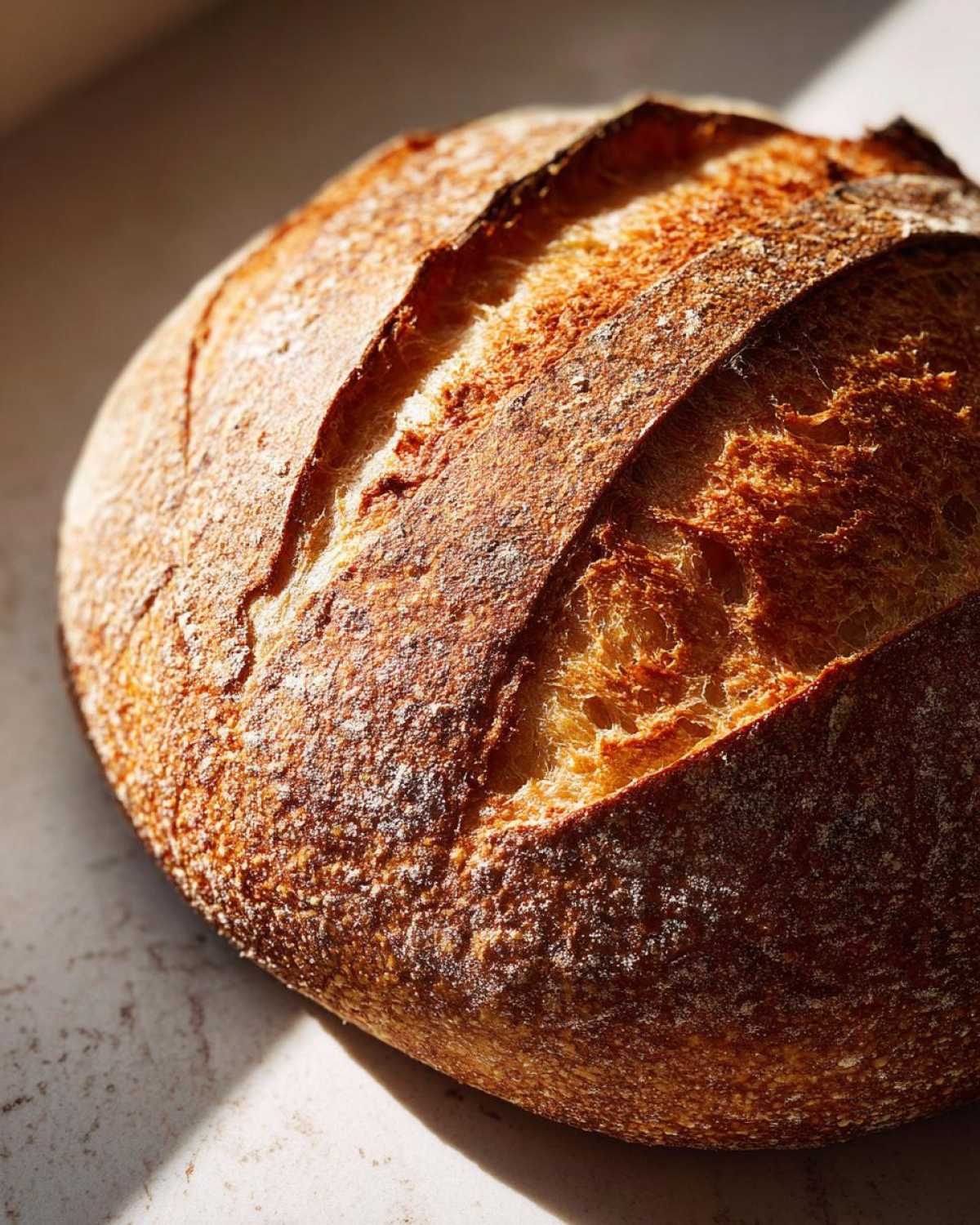 Close-up of a beautifully baked, round loaf of Italian bread with a deeply scored, golden-brown, crusty top.