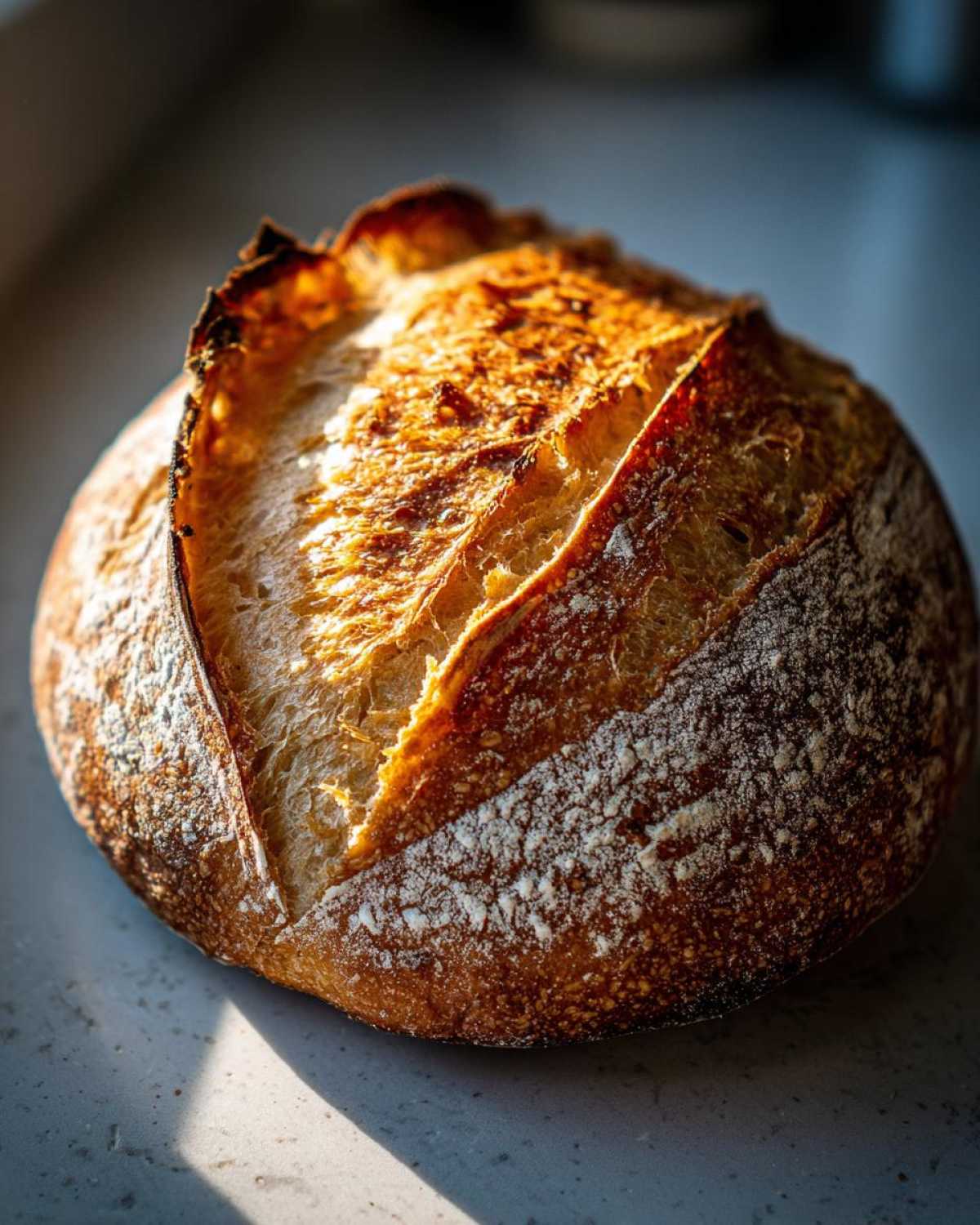 Close-up of a rustic, round Italian bread loaf with a deeply scored, golden-brown crust dusted with flour.