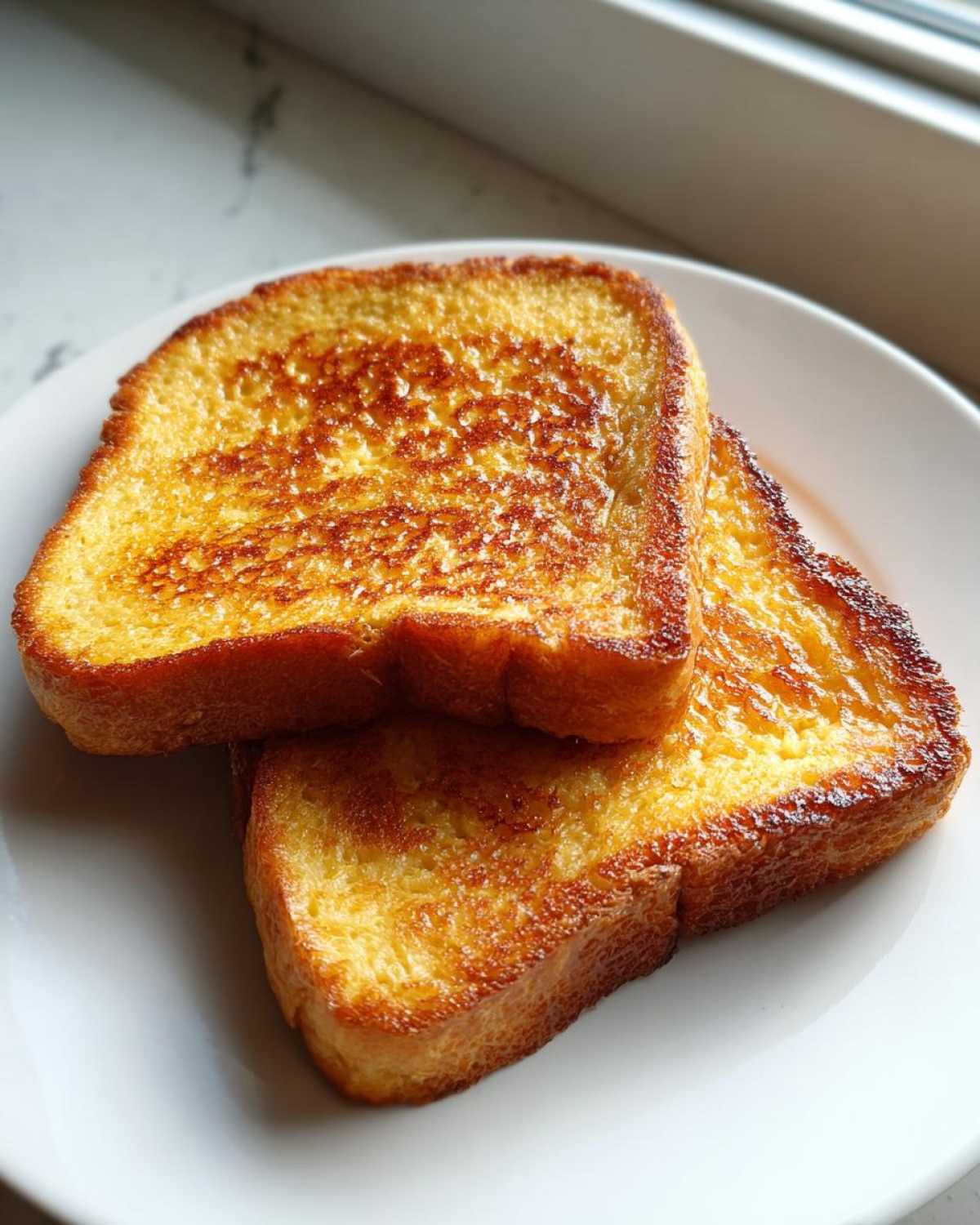 Two golden brown slices of easy french toast stacked slightly on a white plate.