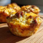 Close-up of a perfectly baked, golden brown egg muffin with visible savory fillings on a wooden surface.