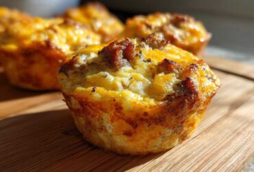 Close-up of a perfectly baked, golden brown egg muffin with visible savory fillings on a wooden surface.