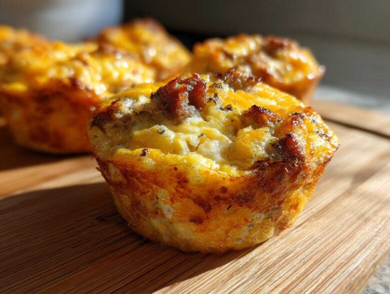 Close-up of a perfectly baked, golden brown egg muffin with visible savory fillings on a wooden surface.