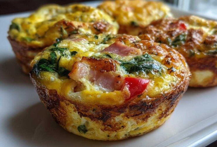 Close-up of freshly baked Egg Muffin Cups filled with ham, spinach, and red pepper on a white plate.