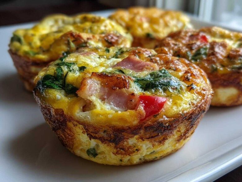 Close-up of freshly baked Egg Muffin Cups filled with ham, spinach, and red pepper on a white plate.