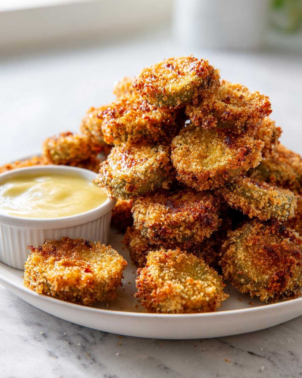 A tall stack of crispy, golden brown Fried Pickles served on a white plate next to a small ramekin of creamy dipping sauce.