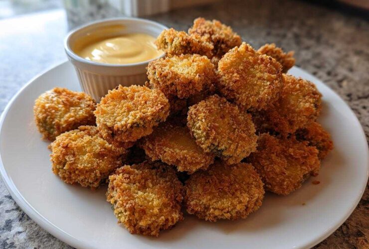 A pile of crispy, golden brown Fried Pickles served on a white plate next to a small ramekin of yellow dipping sauce.