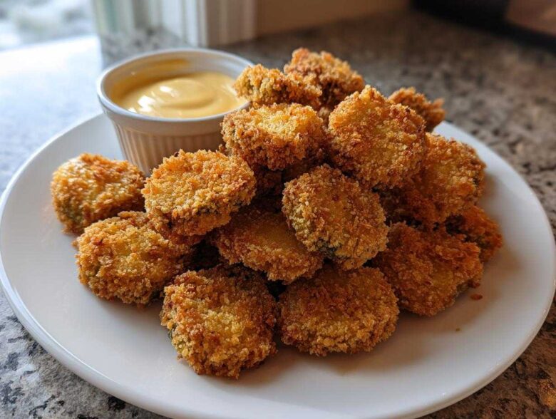 A pile of crispy, golden brown Fried Pickles served on a white plate next to a small ramekin of yellow dipping sauce.