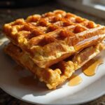 Two golden, fluffy high protein waffles stacked on a white plate, drizzled generously with syrup.