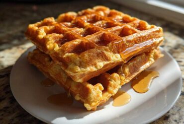 Two golden, fluffy high protein waffles stacked on a white plate, drizzled generously with syrup.