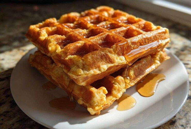 Two golden, fluffy high protein waffles stacked on a white plate, drizzled generously with syrup.