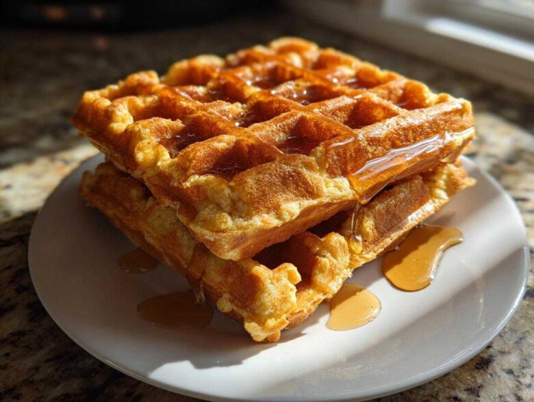 Two golden, fluffy high protein waffles stacked on a white plate, drizzled generously with syrup.