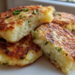 Close-up of golden brown mashed potato cakes, one cut open to show the fluffy interior and chives.