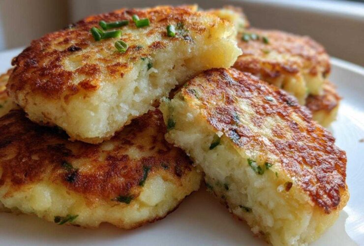 Close-up of golden brown mashed potato cakes, one cut open to show the fluffy interior and chives.