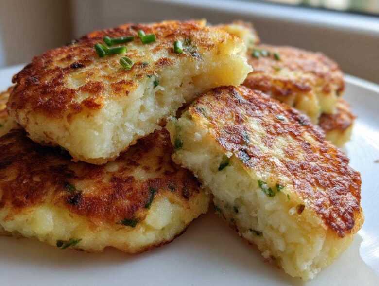 Close-up of golden brown mashed potato cakes, one cut open to show the fluffy interior and chives.