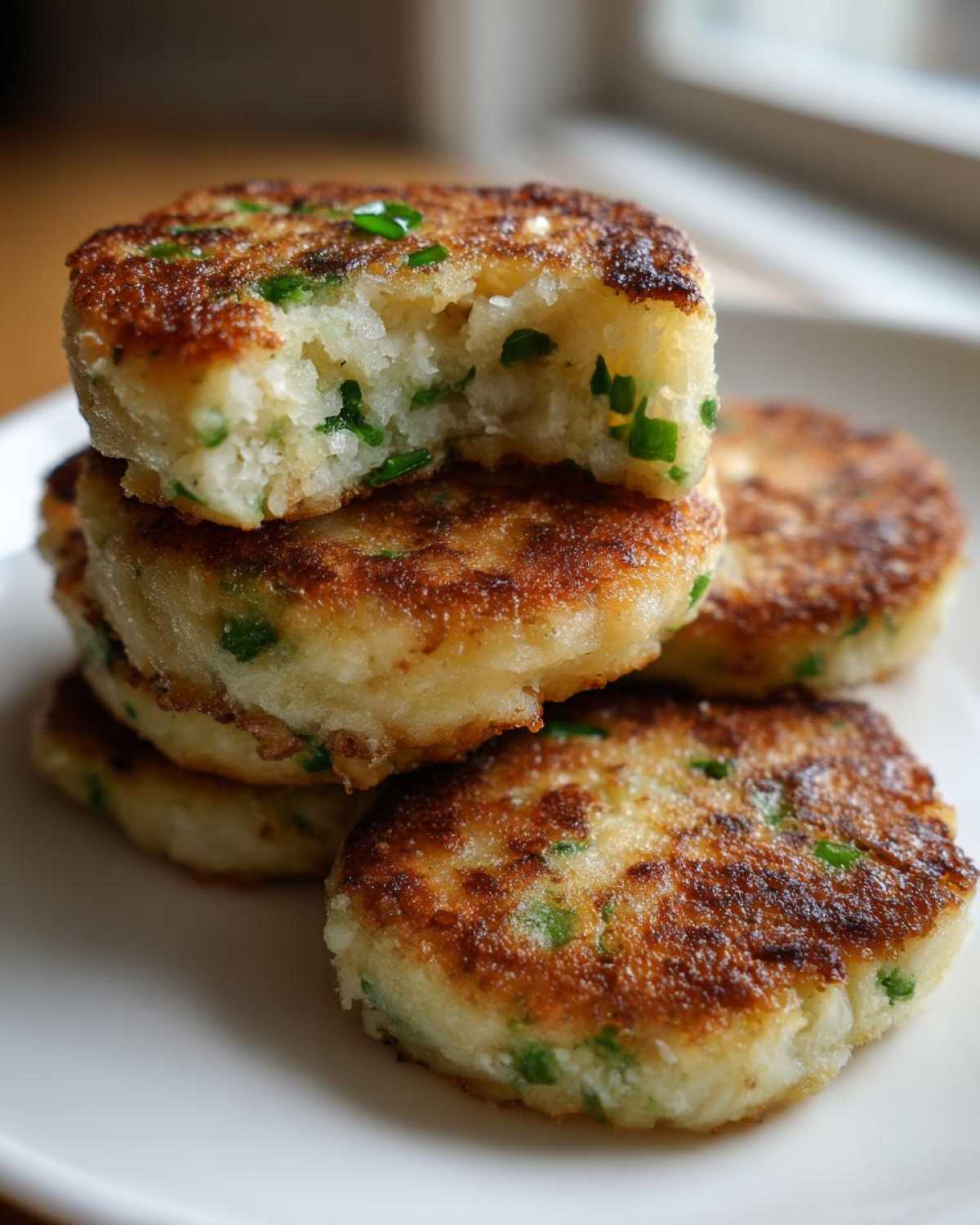 A stack of golden brown, pan-fried mashed potato cakes, one on top showing a bite taken out, revealing the fluffy interior and green chives.