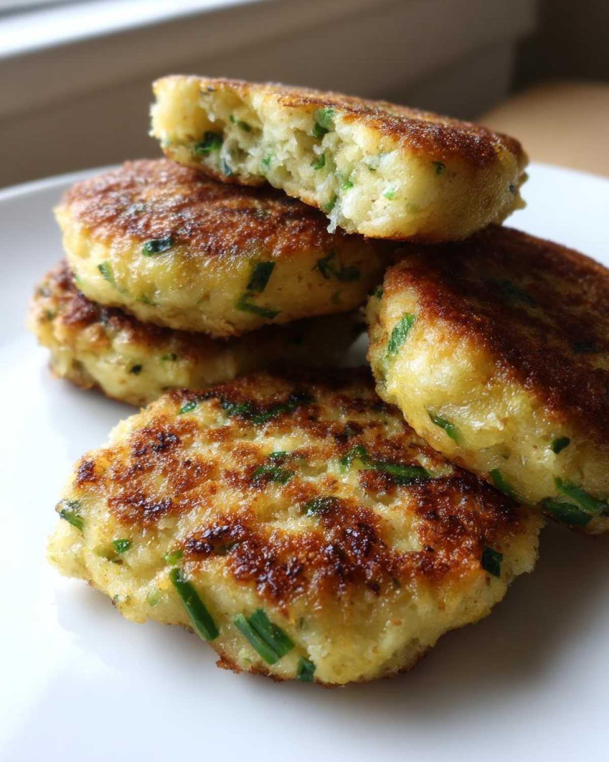 A stack of golden brown mashed potato cakes flecked with green chives, one broken open to show the fluffy interior.