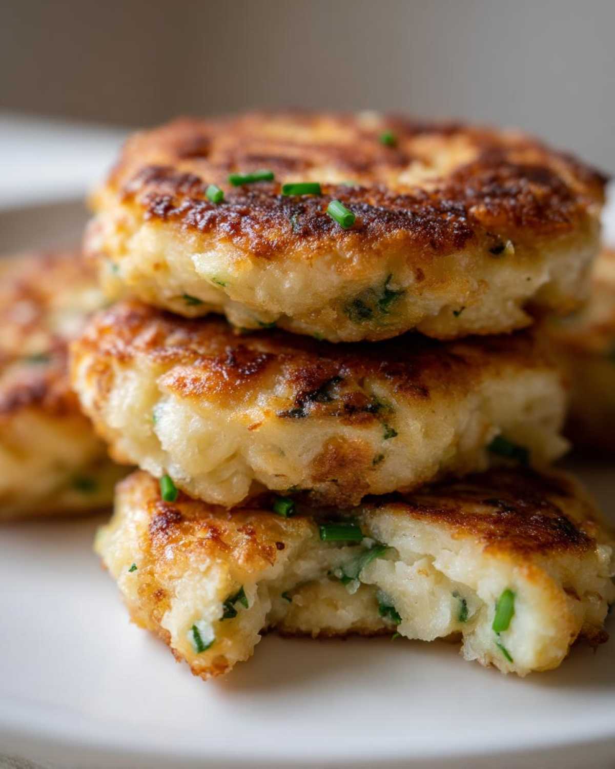 A stack of three golden brown mashed potato cakes, garnished with fresh chives, with one cake showing a bite taken out.