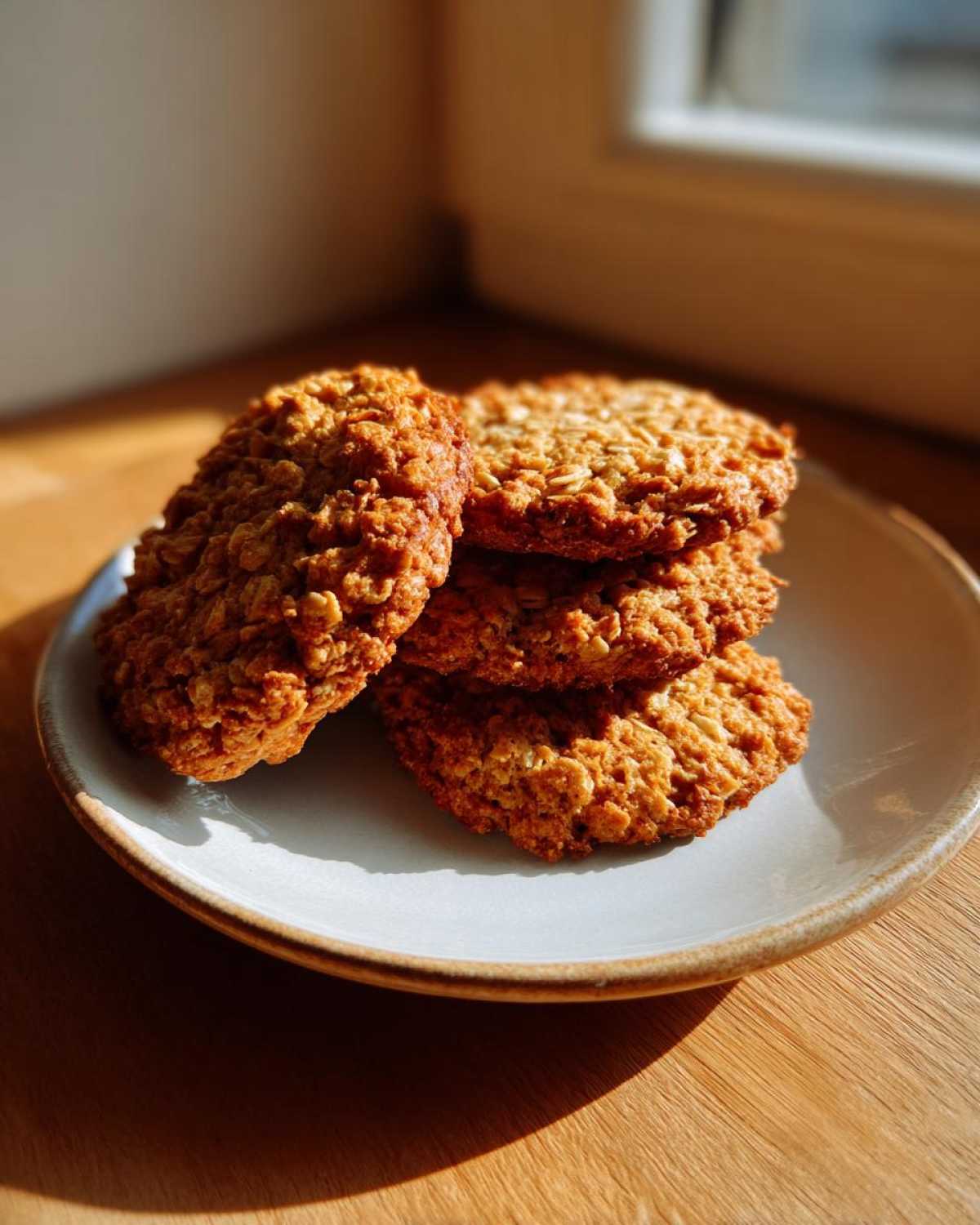 A stack of four golden brown oatmeal cookie treats resting on a light ceramic plate, illuminated by sunlight.