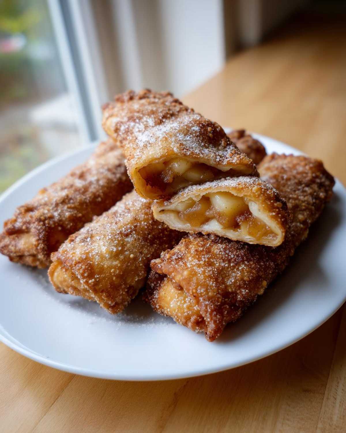 Close-up of crispy, sugar-coated peach cobbler egg rolls piled on a white plate, one cut open showing the filling.