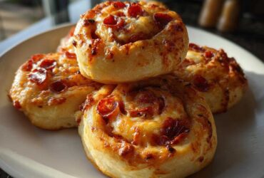 A close-up stack of four golden brown, cheesy pizza pinwheels topped with mini pepperoni slices.