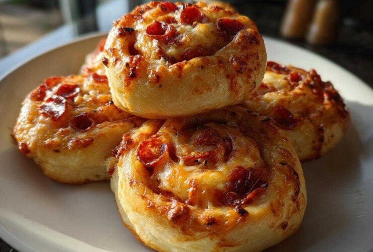 A close-up stack of four golden brown, cheesy pizza pinwheels topped with mini pepperoni slices.