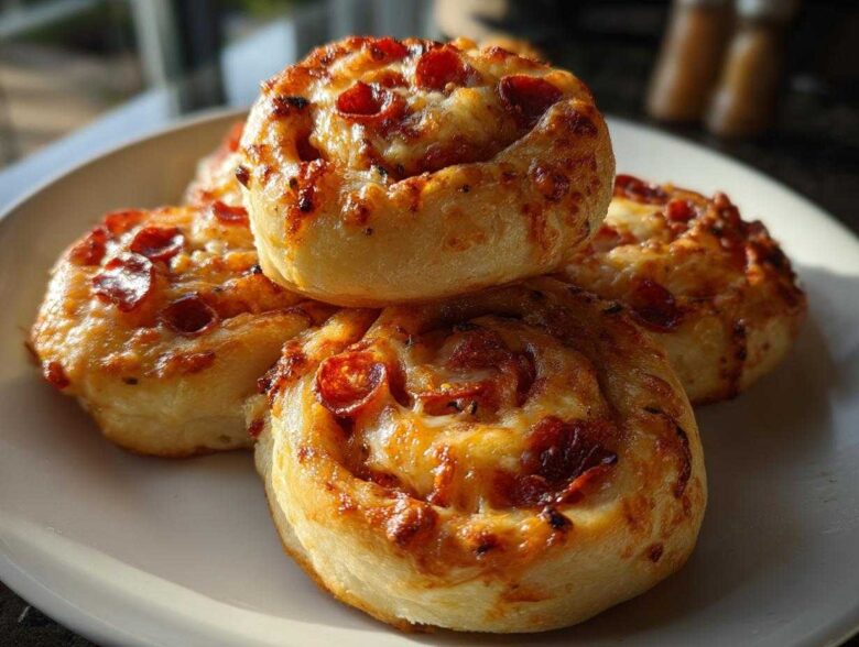 A close-up stack of four golden brown, cheesy pizza pinwheels topped with mini pepperoni slices.